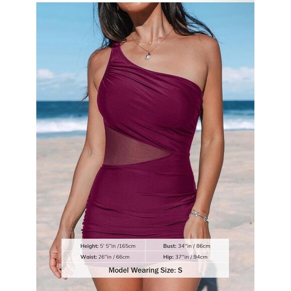 CUPSHE Women's One Piece Swimsuit Asymmetrical Tummy Control NWT Burgundy Size L - Picture 4 of 12